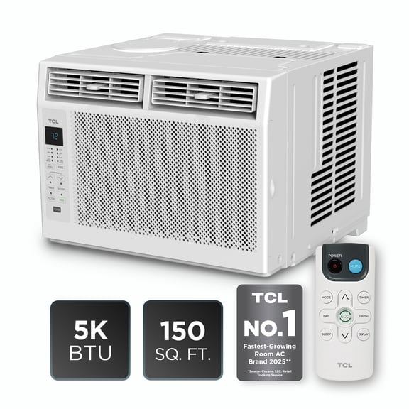 TCL 5,000 BTU Window Air Conditioner, Fan & Dehumidifier (White) - 150 Sq ft, Remote Control, Easy-to-Use, Reusable Filter, Compact, Quiet - W5W3M