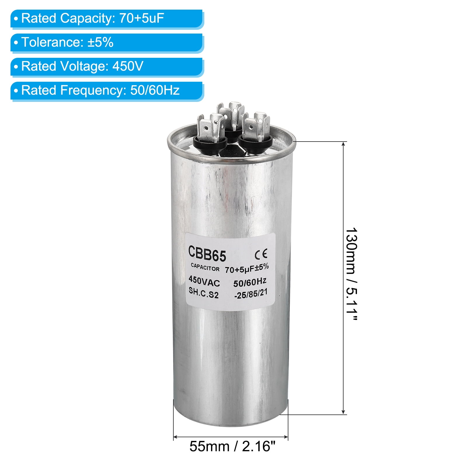 Uxcell CBB65 70+5uF Run Capacitor,70+5mfd 1Pcs AC 450V Aluminum Case with 3 Terminal
