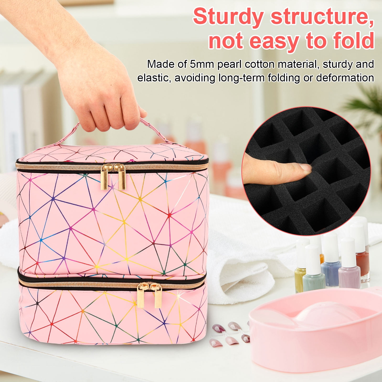 FUYGRCJ Compartmental Holographic Nail Polish Organizer Bag, Zipper Closure Double Layers Nail Supplies Storage Box for Home Travel Salon Use