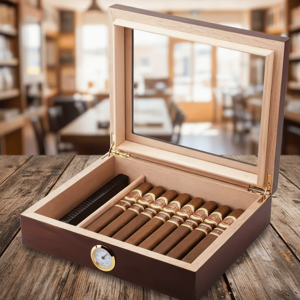 Cigar Box, Natural Hardwood, 10.2x8.7 inches, with Hygrometer and Humidor