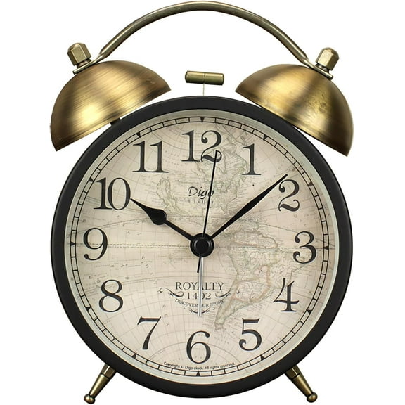 Twin Bell Alarm Clock, Retro Analog Alarm Clock Silent Non-Ticking Quartz with Nigh Light, Small Desk Clock for Bedside Table, Battery Operated (Map)