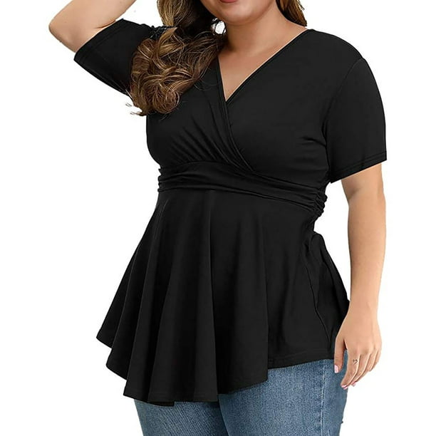 CHGBMOK Womens Tops 2023 Summer Plus Size Women Plus Size Tops Blouse Short  Sleeve V-neck Blouse Pleated Hem Shirt 