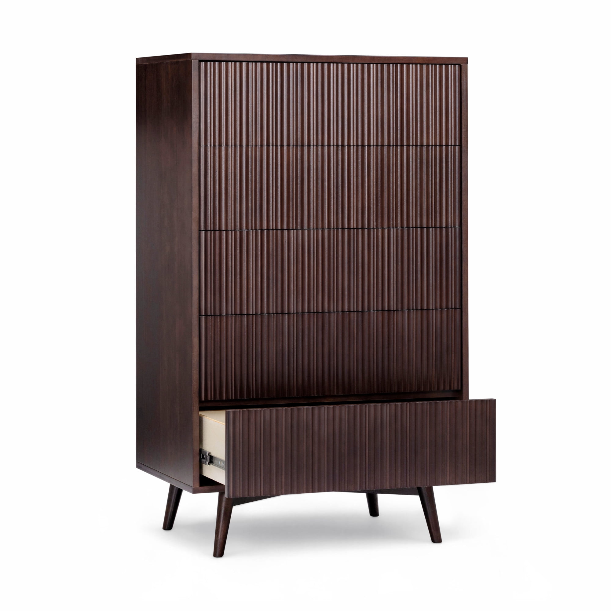 Tremolo 5-Drawer Dresser, Espresso – Teamson Home: Push-Open Chest of Drawers with Natural Acacia Fluted Fronts for Modern Bedrooms & Closet Storage