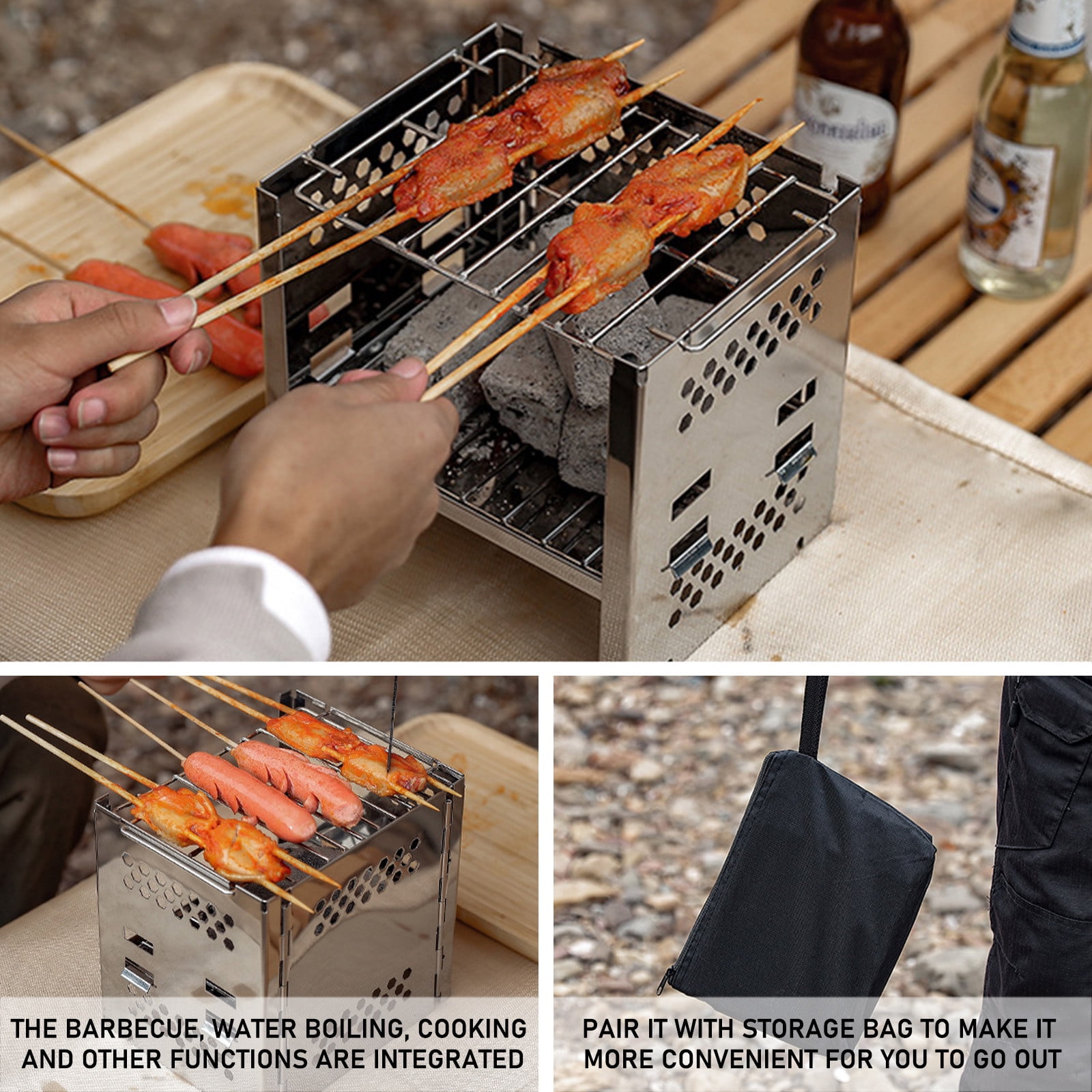 Yooshoverk Wood Burning Camping Stove, Portable Folding Stainless Steel Stove, 7.48 x 7.28 x 5.91 Inches, Multi-Function Cooking Stove with Carry Bag for Hiking, Backpacking & BBQ