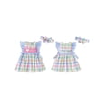 thumbnail image 2 of BemeyourBBs Baby Girl Matching Sister Outfits I Love Mama Baby Summer Clothes Mothers Day Outfit Plaid Bow Flying Sleeve Romper Toddler Baby Girl Dress and Headband Set, 2 of 9