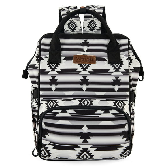 Wrangler Aztec Travel Backpack Baby Bag for Women with Stroller Strap and Side Bottle Pockets Organized Diaper Bag, Black