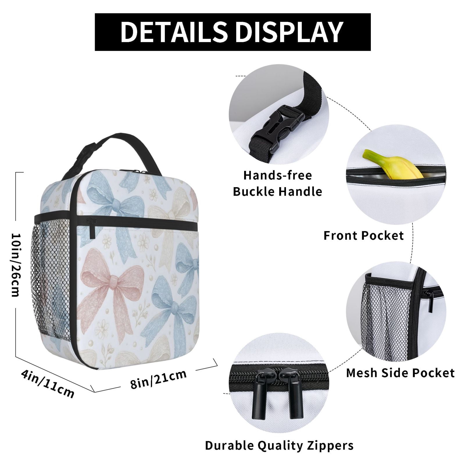 Lunch Bag For Women Men Insulated Portable Lunch Box Bento Box Office Picnic Travel Cooler Bag Romantic Vintage Lace Ribbon Bow Pattern