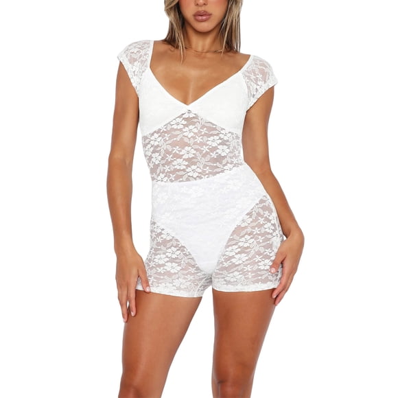 Faithtur Womenacute;s Summer Lace Romper Playsuit, Short Sleeve Deep V Neck Stretch Jumpsuit Shorts