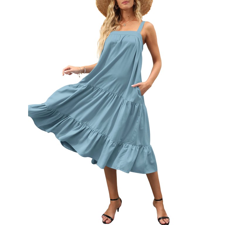 Women's Adjustable Thick Straps Sleeveless Ruffles Loose Tiered Maxi Dress  Beach Dress with Pockets