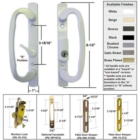 Sliding Glass Patio Door Handle Kit with Mortise Lock and Keepers, B-Position, Latch Lever is Off-Centered, White, (Best Sliding Glass Doors 2019)