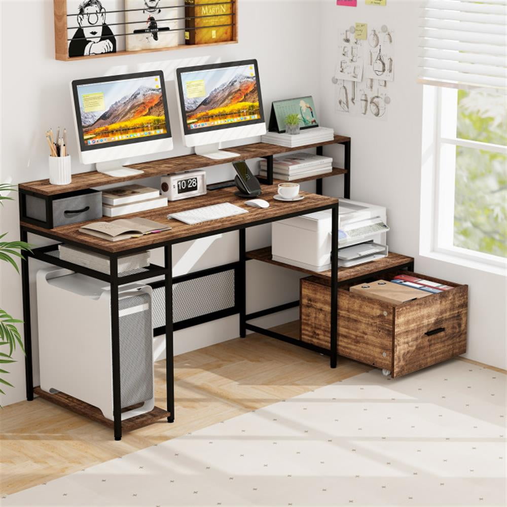 Demi Bonn 67" Computer Desk with Monitor Stand and File Drawer, Small Home Office Desk Study Writing Table, Brown