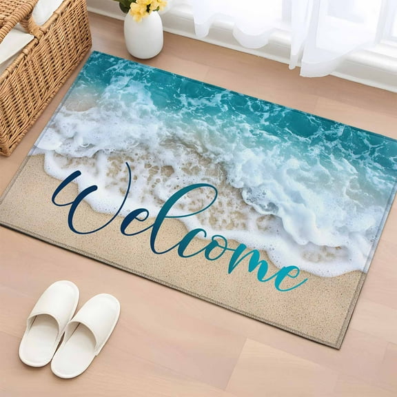 Blue Ocean Bathroom Rug Washable 2x3 Entryway Rug Non Slip Yellow Beach Coastal Nature Text Painting Front Door Mat Low Pile Indoor Doormat Throw Floor Carpet for Kitchen Bedroom Entrance