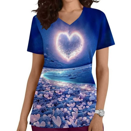 

Christmas on Sales Clearance! Qiaocaity Women Scrub Tops Women s Fashion Short Sleeve V-Neck Tops Working Uniform Printing Pocket Blouse Tops Pink XXL