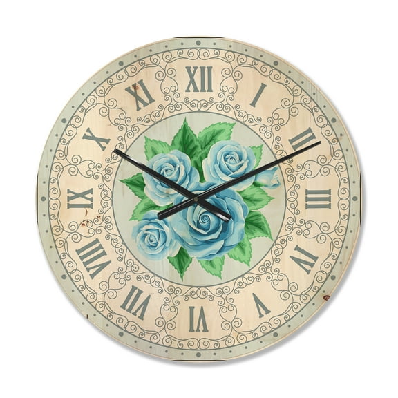Designart 'Blue Roses With Green Leaves Shabby Chic Vintage ' Modern Wood Wall Clock