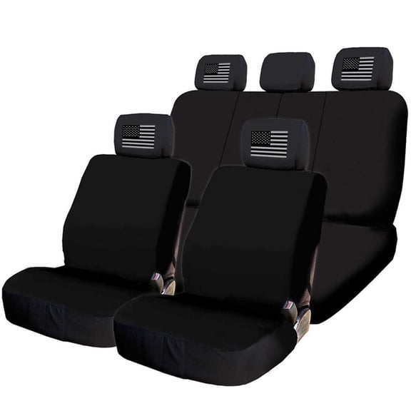 Yupbizauto New Black Flat Cloth Universal Fit Car Truck SUV Seat Covers with large American Flag Logo Headrest Covers Support 60/40 Split Seats