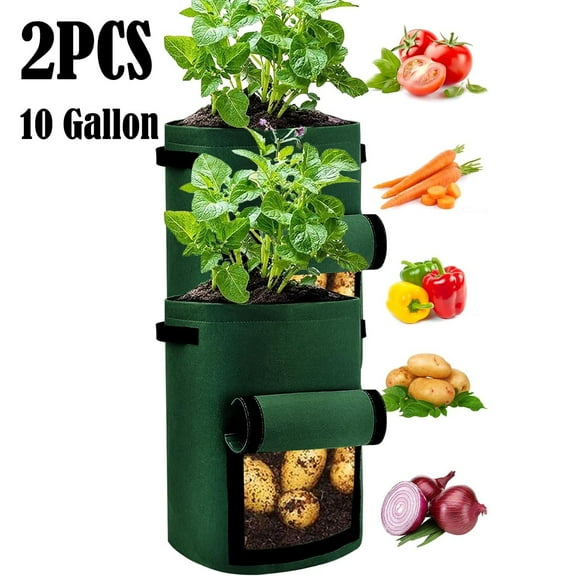2 Pack Potato Grow Bags 10 Gallon with Flap, Heavy Duty Fabric with Handle and Harvest Window, Non-Woven Planter Pot Plant Garden Bags to Grow Vegetables Tomato, Blackish Green