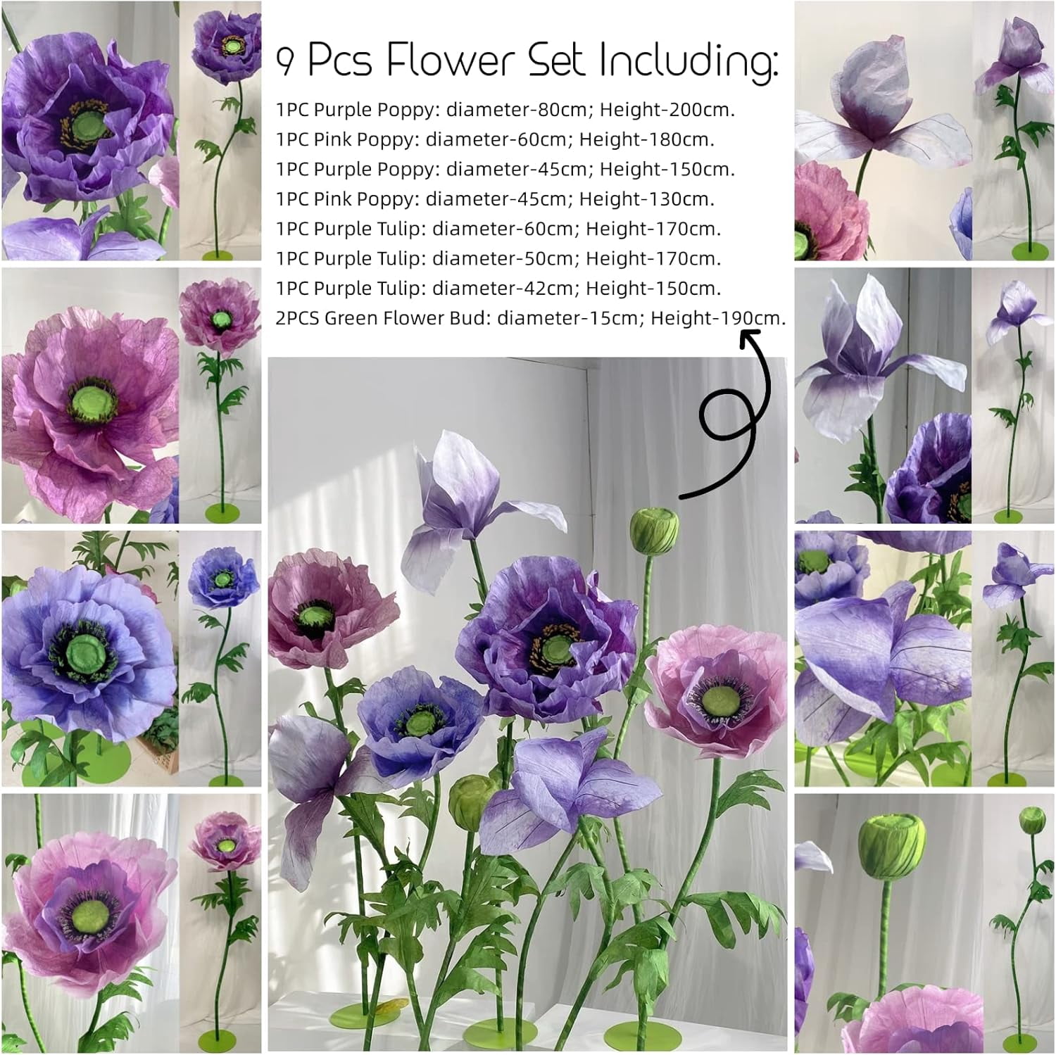 Louis Garden 6.6’ High 9-Piece Silk Artificial Flower Set Party Backdrop Giant Flowers for Decoration