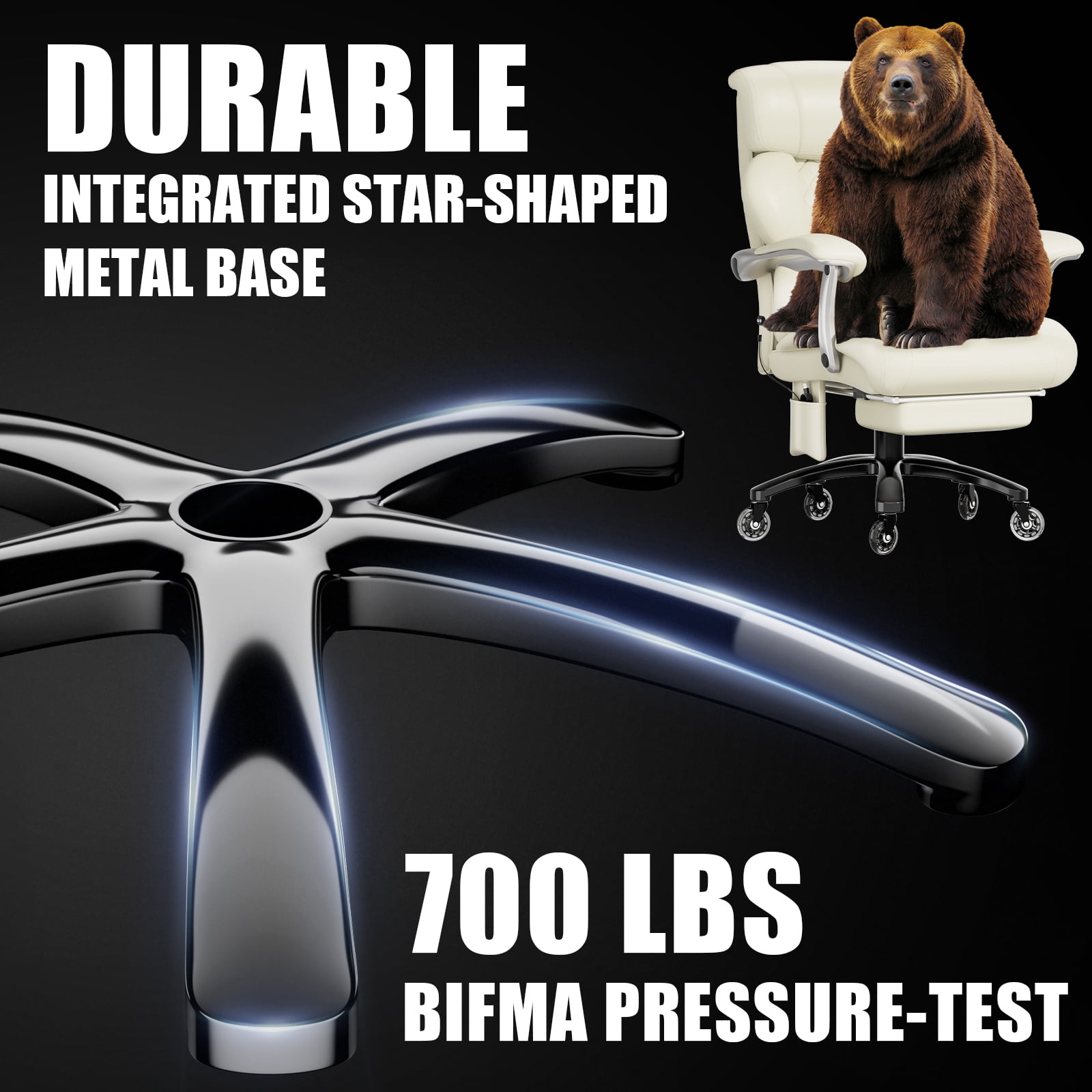 Big and Tall 700LBS Heavy Duty Executive Office Chair with Metal Base, Linkage Armrest, Footrest, Extra Thick Wide Cushion, Silent Rubber Wheels, Cream