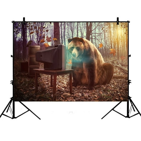 Image of PHFZK 7x5ft Wild Brown Bear Watches Television in Woodland Photography Backdrops Polyester Photo Background Studio Props
