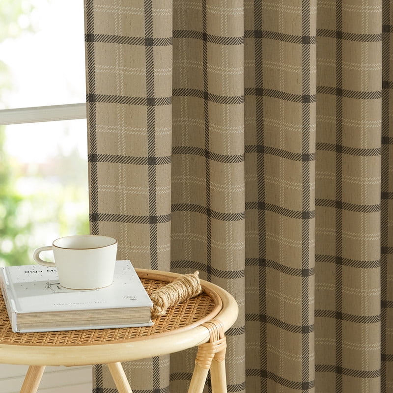 NICETOWN Check Plaid Linen Curtains for Bedroom, Semi Sheer Linen Grid Pattern Curtains Rod Pocket Back Tab Light Filtering Linen Windowpane Curtains, Linen, 52"x63", 2 Panels