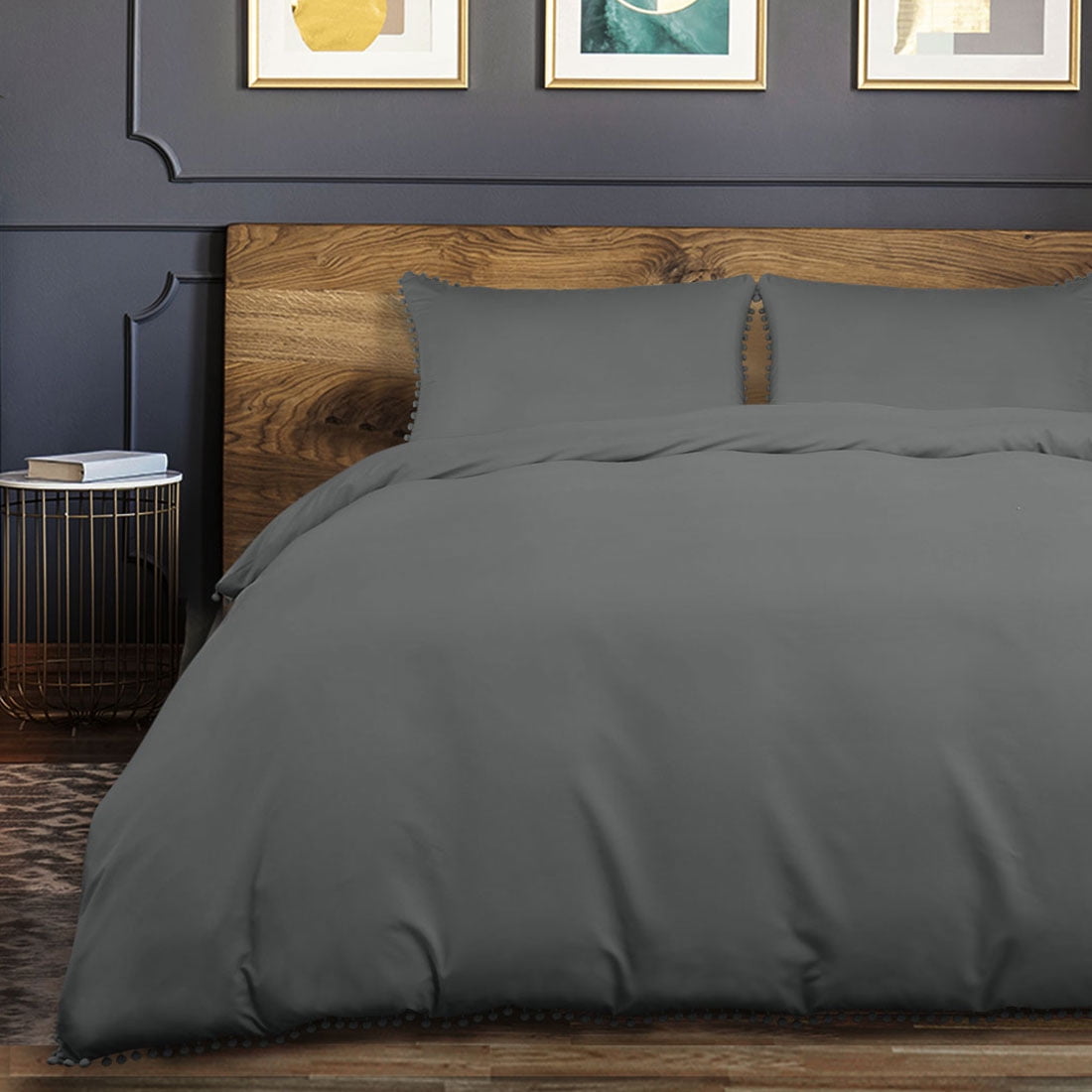 PiccoCasa Pompoms Brushed Microfiber Duvet Cover Set,3 Piece, Twin Dark Gray