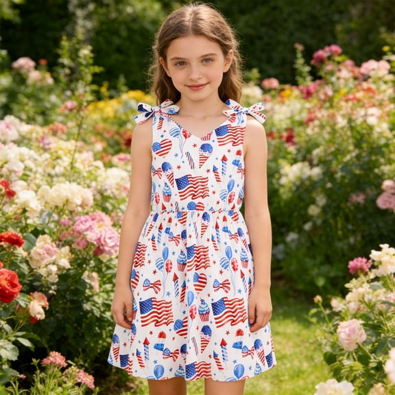 Girls Sleeveless Bowknot Strap Dress, Embossed Floral A-line Sundress, Casual Summer Party Dress For Kids Multicolour 9-10 Years