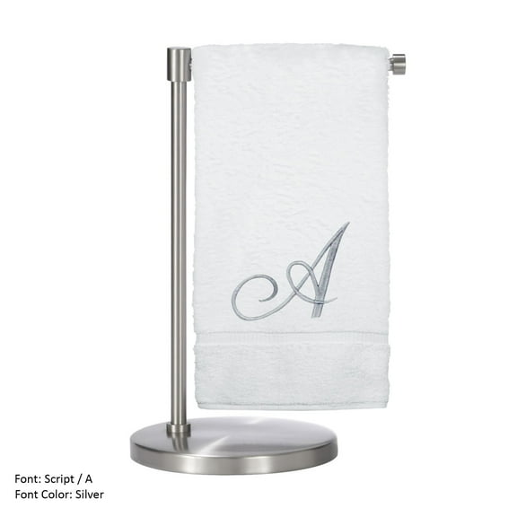 Monogrammed Bath Towel, Personalized Gift, 27 x 54 inches - Set of 2 - Silver Script Embroidered Towel - 100% Turkish Cotton- Soft Terry Finish - for Bathroom or Spa - Script A White