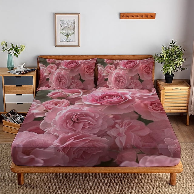 Flower Fitted Sheet Set with Pillowcase 3D Rose Printed Bedding Set Home Bedroom Decor,Queen (60"x80")