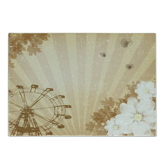 Ferris Wheel Cutting Board, Vintage Fun Ride Leaves Flowers Balloons, Decorative Tempered Glass Cutting and Serving Board, in 3 Sizes, by Ambesonne