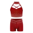 thumbnail image 3 of Hansber Kids Girls Ballet Jazz Dance Outfit Sparkle Rhinestones Yoga Workout Crop Top with Shorts Set Burgundy 6, 3 of 5