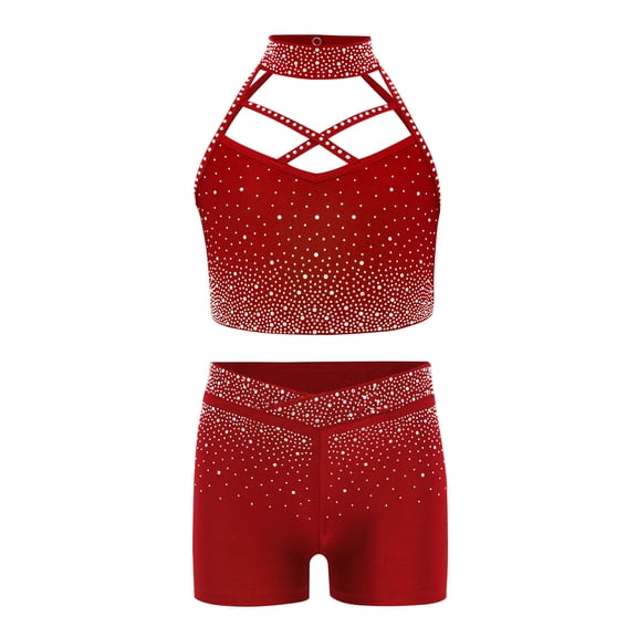 HULIJA Kids Girls Gymnastics Sports Yoga Athletic Shorts Set 2 Pcs Rhinestone Crop Tank Top and Booty Shorts Set Burgundy 10