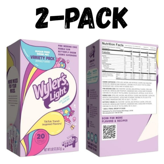 Wyler's Light Drink Mix Singles Variety Pack Pink Wedding Cake Bubble Gum Butterfly Dream and Cosmic Superhero Flavors Sugar and Caffeine Free 40 Sticks Total Pack of 2