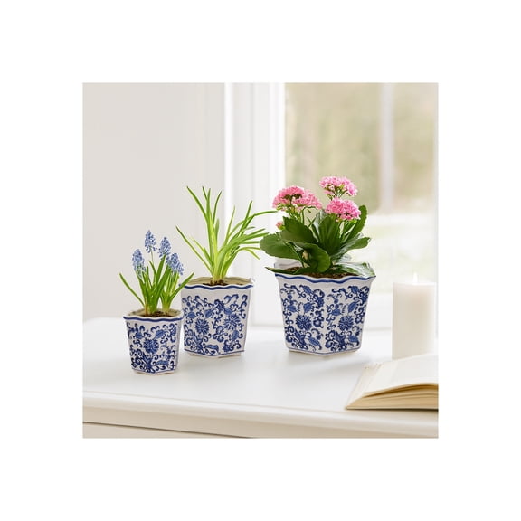 Chinoiserie Flower Pots for Home Decor - Stoneware Ceramic Bowls with Floral Design for Planters for Indoor and Outdoor Plants - Pots For Plants Accent for Garden - Set of 3, 9", 8", 7", Blue & White