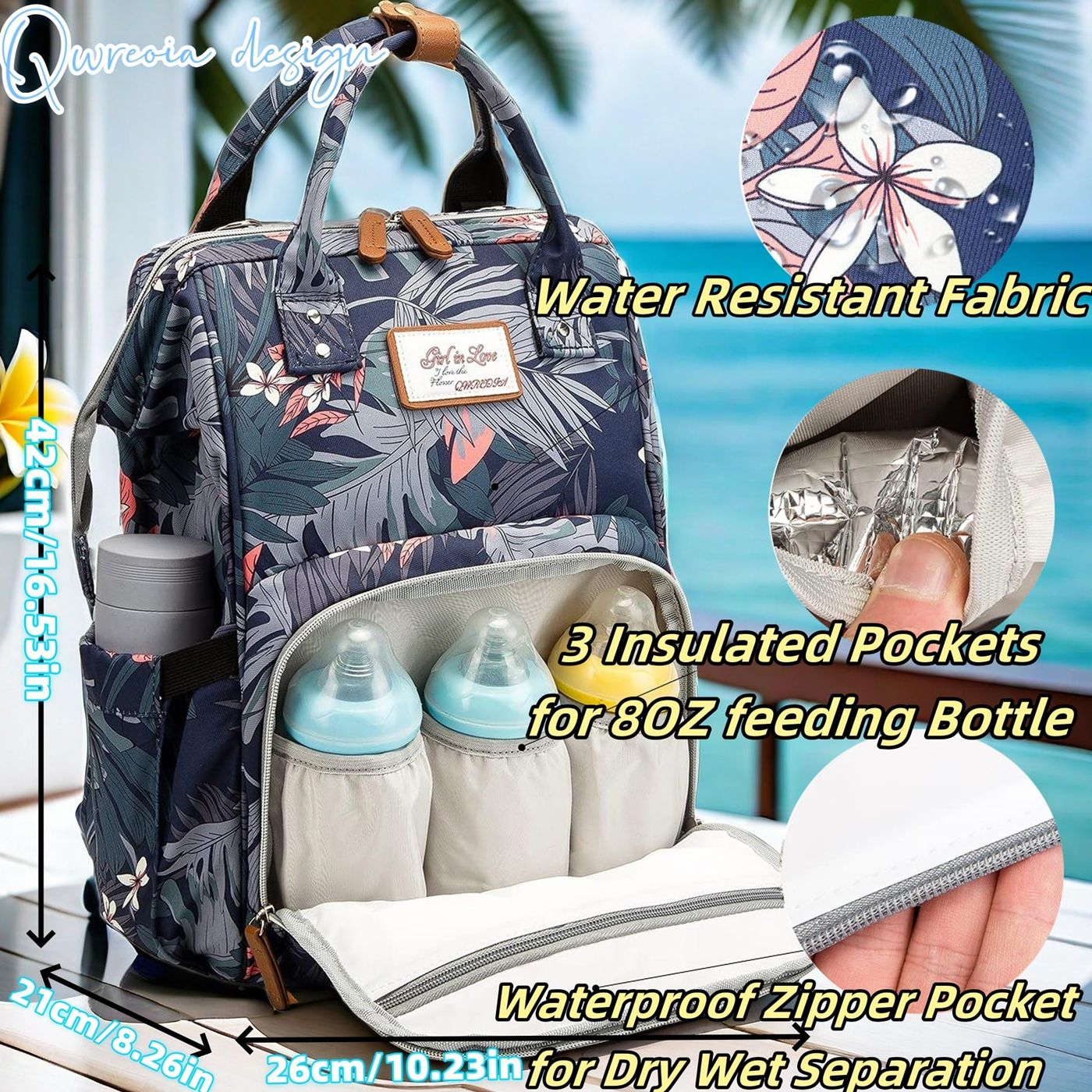 Floral Diaper Bag Backpack with USB Charging Port Stroller Straps and Insulated Pocket,Travel Nappy BackpackFor Women/Mum (Flower Pattern)