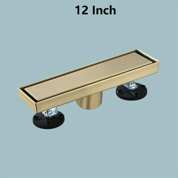 Brushed Gold Linear Shower Drain, 304 Stainless Steel 2-in-1 Bathroom Floor Drain with Hair Strainer & Leveling Feet for Modern Luxury Bathrooms