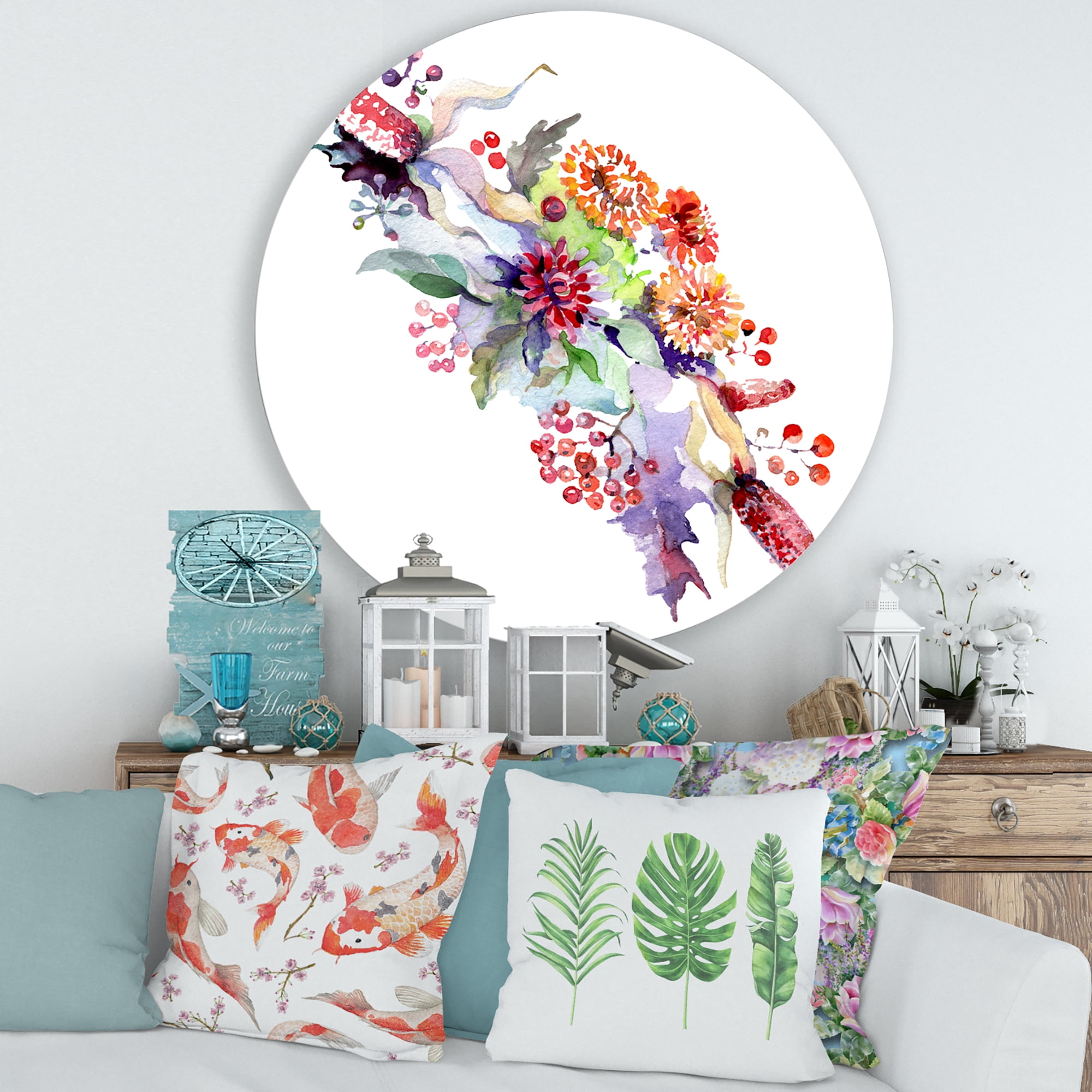 Designart 'Bouquet With Berries and Wildglowers' Traditional Circle Metal Wall Art 29x29 - Disc of 29