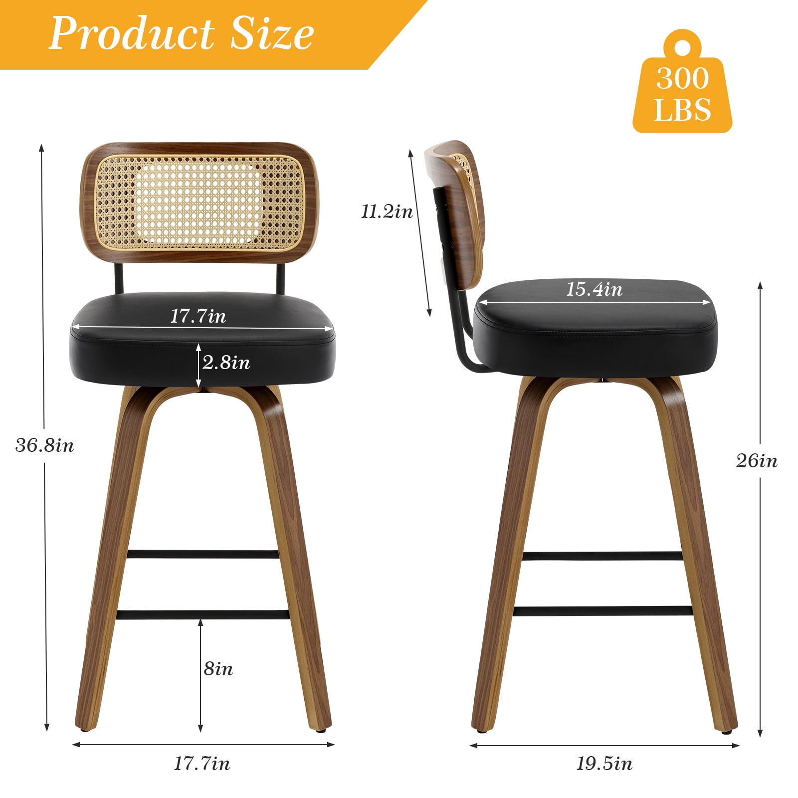 Swivel Counter Height Bar Stools, Set of 2, 26" Seat Height Upholstered PU Leather Barstools with Rattan Back Wood Legs for Home Kitchen Island, Black