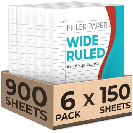 Loose Leaf Paper, 900 Sheets, 6 Pack, Wide Ruled, 8" x 10.5", Bulk Office Filler Sheets, 3 Hole Punched, 150 Sheets/Pack, Wide Ruled for 3 Ring Binder, Filler Notebook Paper, White