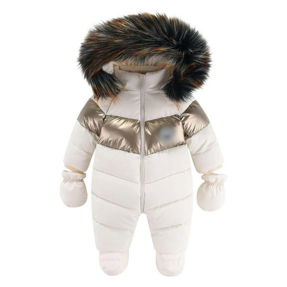 ZHOGXU Big Girls Boys Hooded Jumpsuit Long Sleeve Color Block Zipper Plush Warm Thickened Comfortable Romper Snowsuit For Autumn Winter Daily Wear Beige 1-3 Months