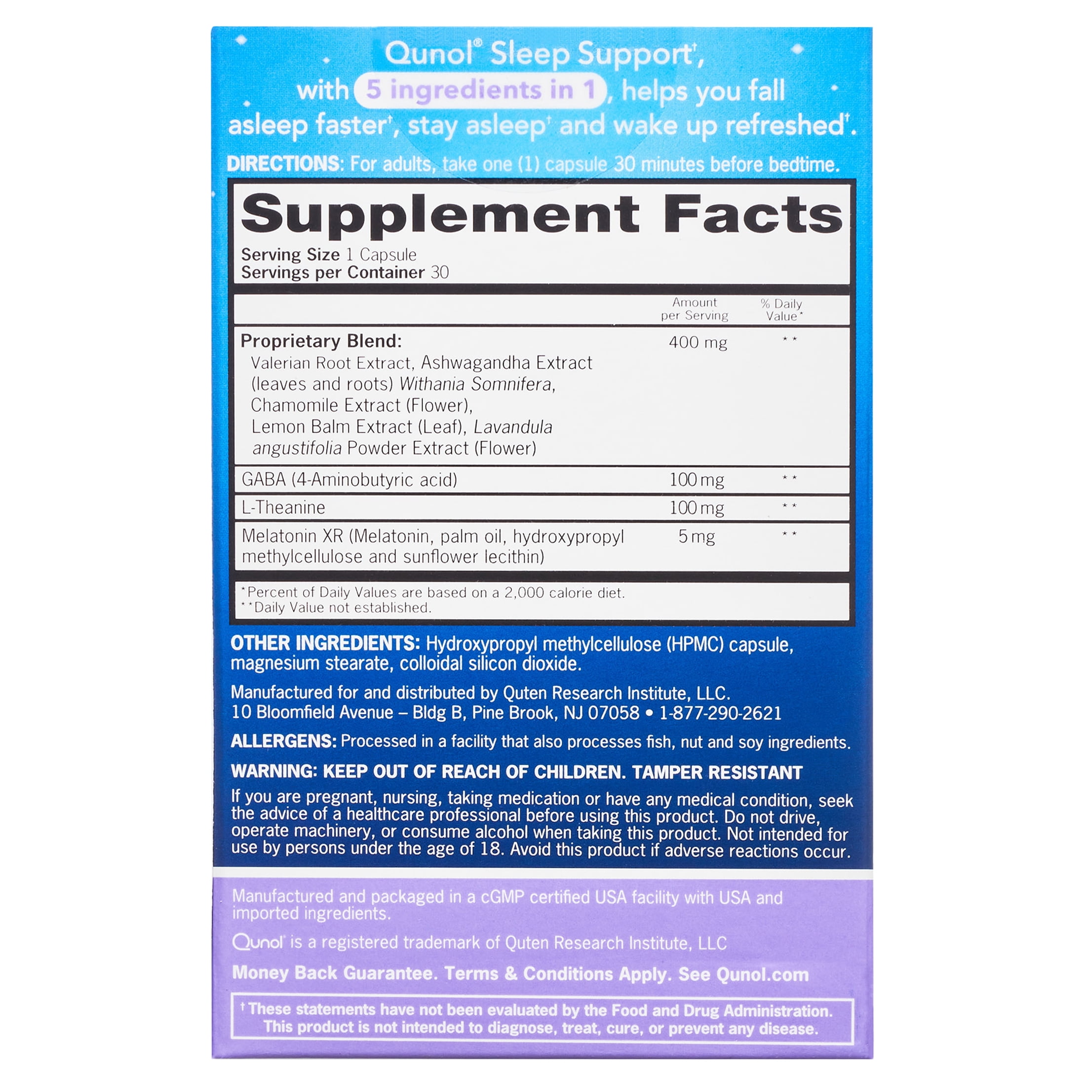 Qunol Sleep Support, 5 in 1 Non-Habit Forming Sleep Aid, Supplement with time-released Melatonin 5mg, Ashwagandha, GABA, Valerian Root, L-Theanine, 30ct Capsules