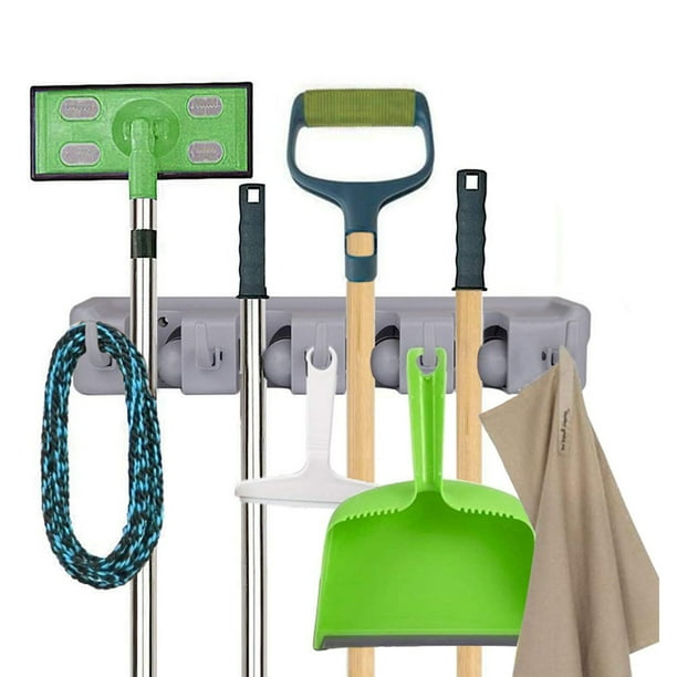 Unlock The Future Mop and Broom Rack Wall Mounted 4 Card Slot 5 Hook