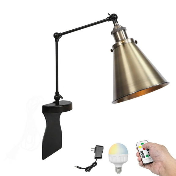 Kiven Battery Operated Headboard Reading Light, Dimmable LED Book Reading Lamp, Industrial Nightstand Lamp with Adjustable Swing Arm,Remote for Reading Bedside Side Table Desk, Bronze