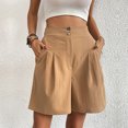 thumbnail image 2 of vigerkar Bermuda Shorts for Women Knee Length Casual Summer 2025 Trendy Elastic Wide Leg Short with Pockets Khaki, L, 2 of 9