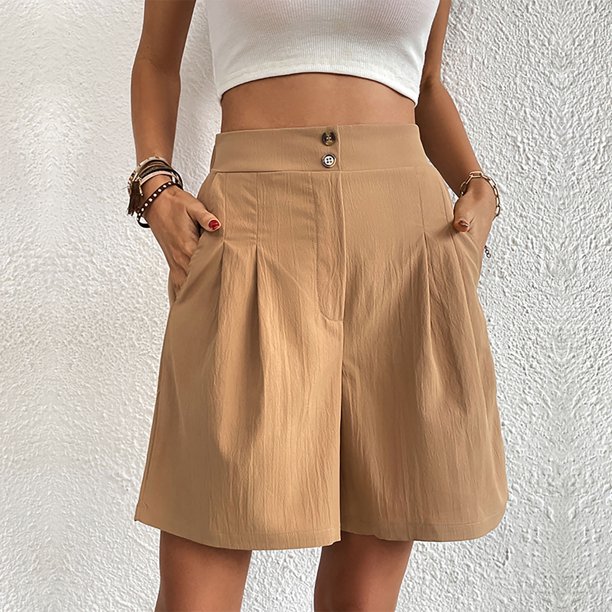 WILLBEST Pantalones Casuales para Mujer, Pantalones Cortos Holgados de Cintura Alta y Pierna Ancha de Color Caqui de Verano para Uso Diario Cómodo. Chica