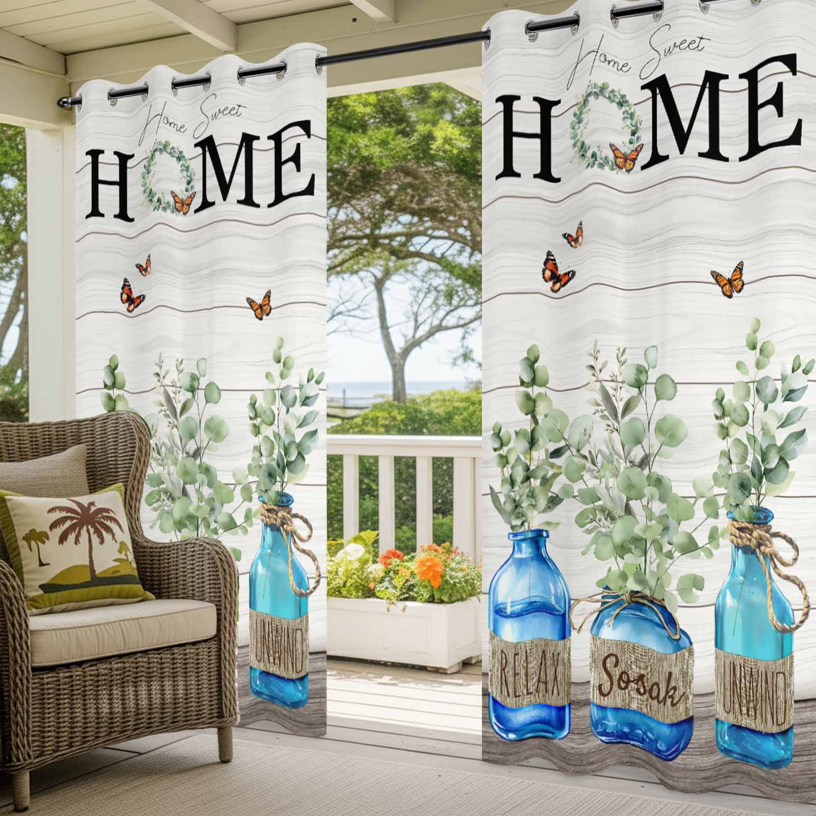 Outdoor Curtains for Patio Waterproof, Eucalyptus Leaves Windproof Pravicy Outside Porch Blackout Curtain, Home Summer Botanical Vintage Sun Blocking Grommets Curtains for Cabana Gazebo 54"x108"