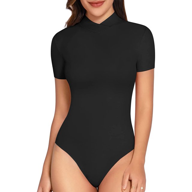 Xishao Body básico de manga corta con cuello alto falso, ajustado para mujer, leotardo Xishao ropa