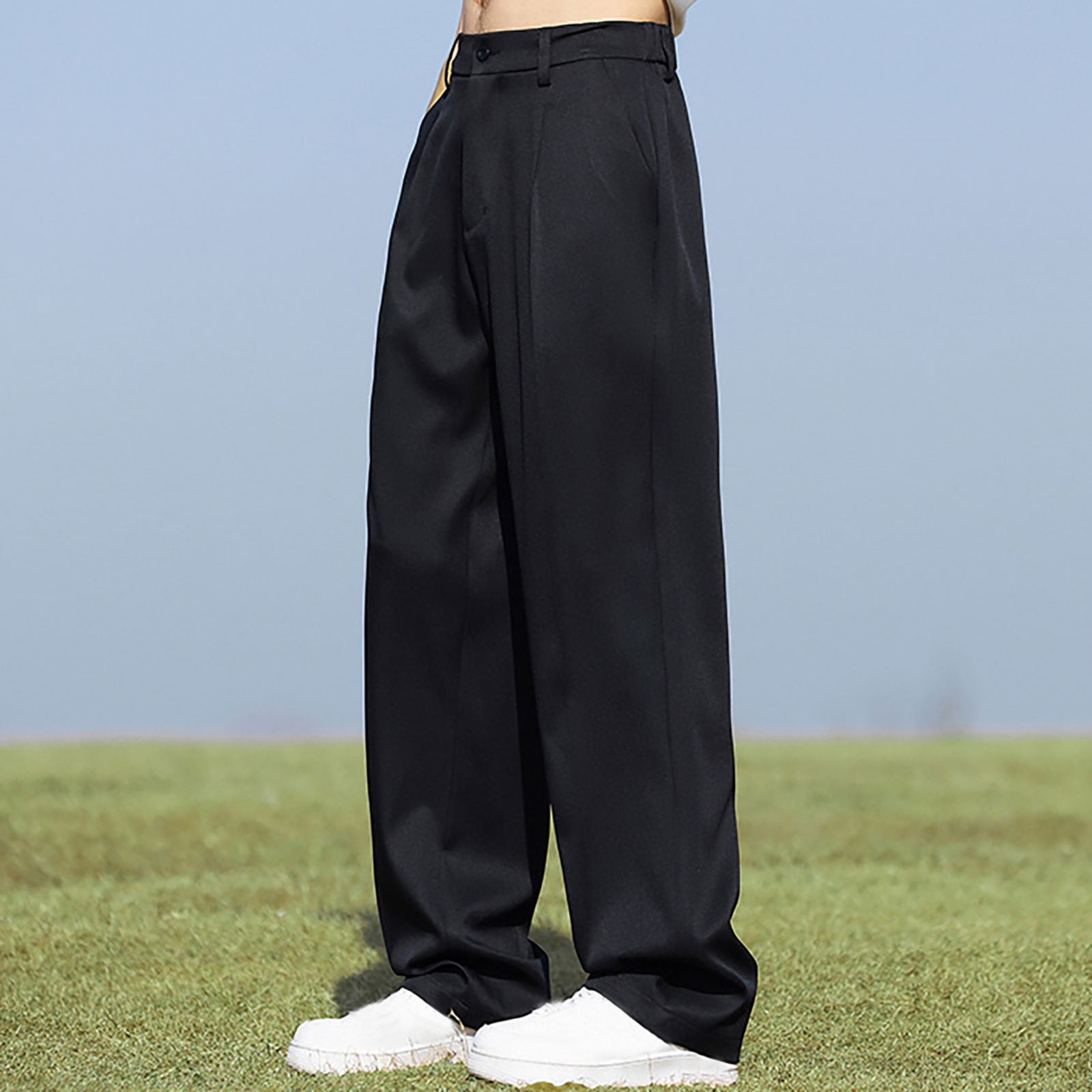 AherBiu Men Pants Expandable Waist Loose Wide Leg Trousers with