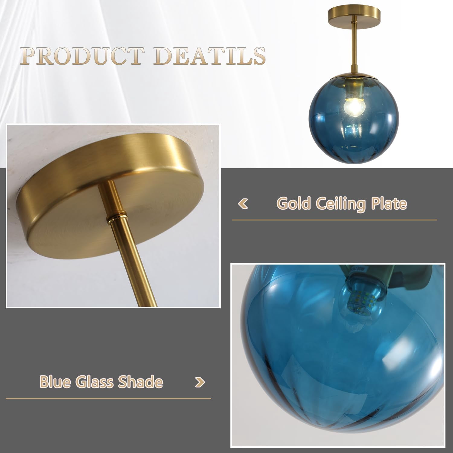 KCO Lighting Minimalist Blue Glass Semi Flush Mount Ceiling Light, Brushed Gold Globe Ceiling Lamp