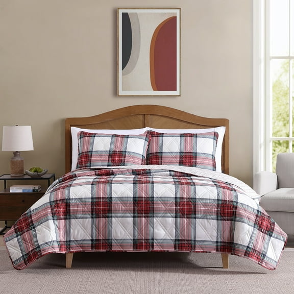 Mainstays 3-Piece Adult Quilt Set, Red Tartain Plaid, Full,Queen