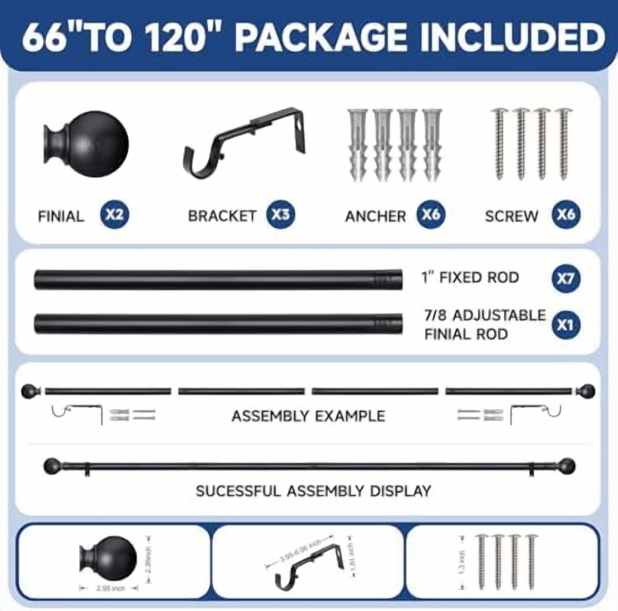 Black Curtain Rods for Windows 66 to 120 Inch(5.5-10ft) - 1'' Diameter Heavy Duty Curtain Rods with Imitation Wood Grain Pattern Finials,Adjustable Decorative Curtain Rods Set,28-120''